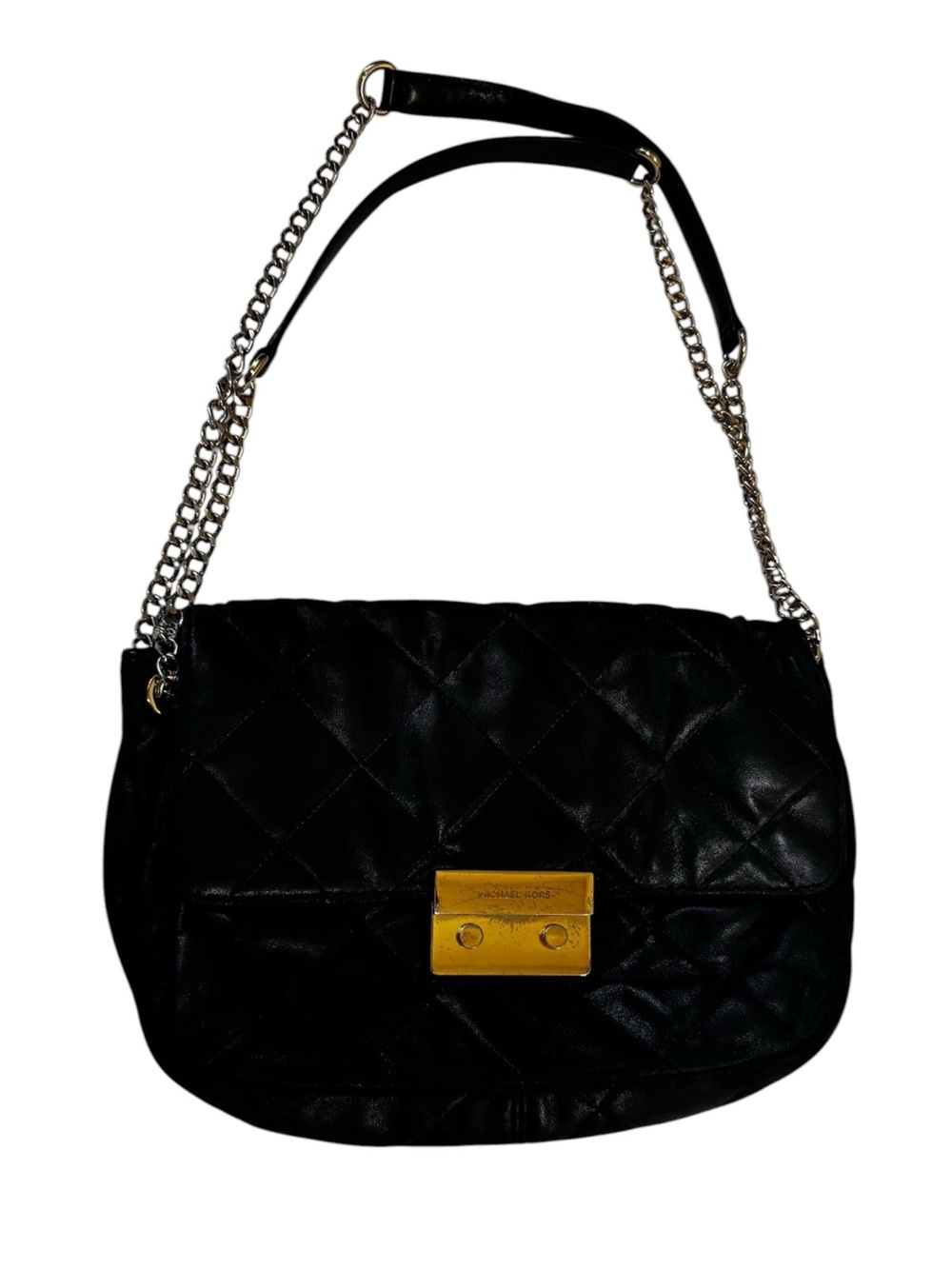 Michael Kors Leather Sloan Quilted Flap Shoulder Bag Chain Crossbody Black Gold - Picture 3 of 16